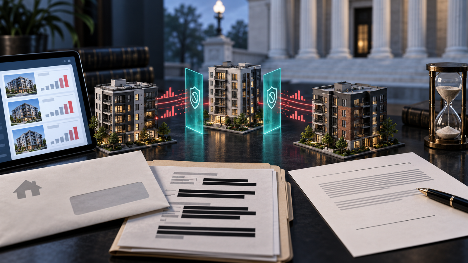 Apartment keys, lease renewal papers and a laptop with an abstract rental-pricing chart.