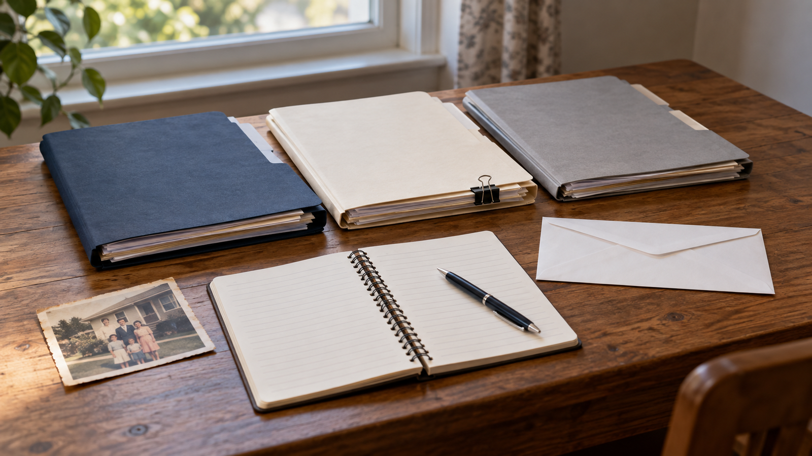 Organized medical and residence records beside a family photograph and plain envelope on a desk.