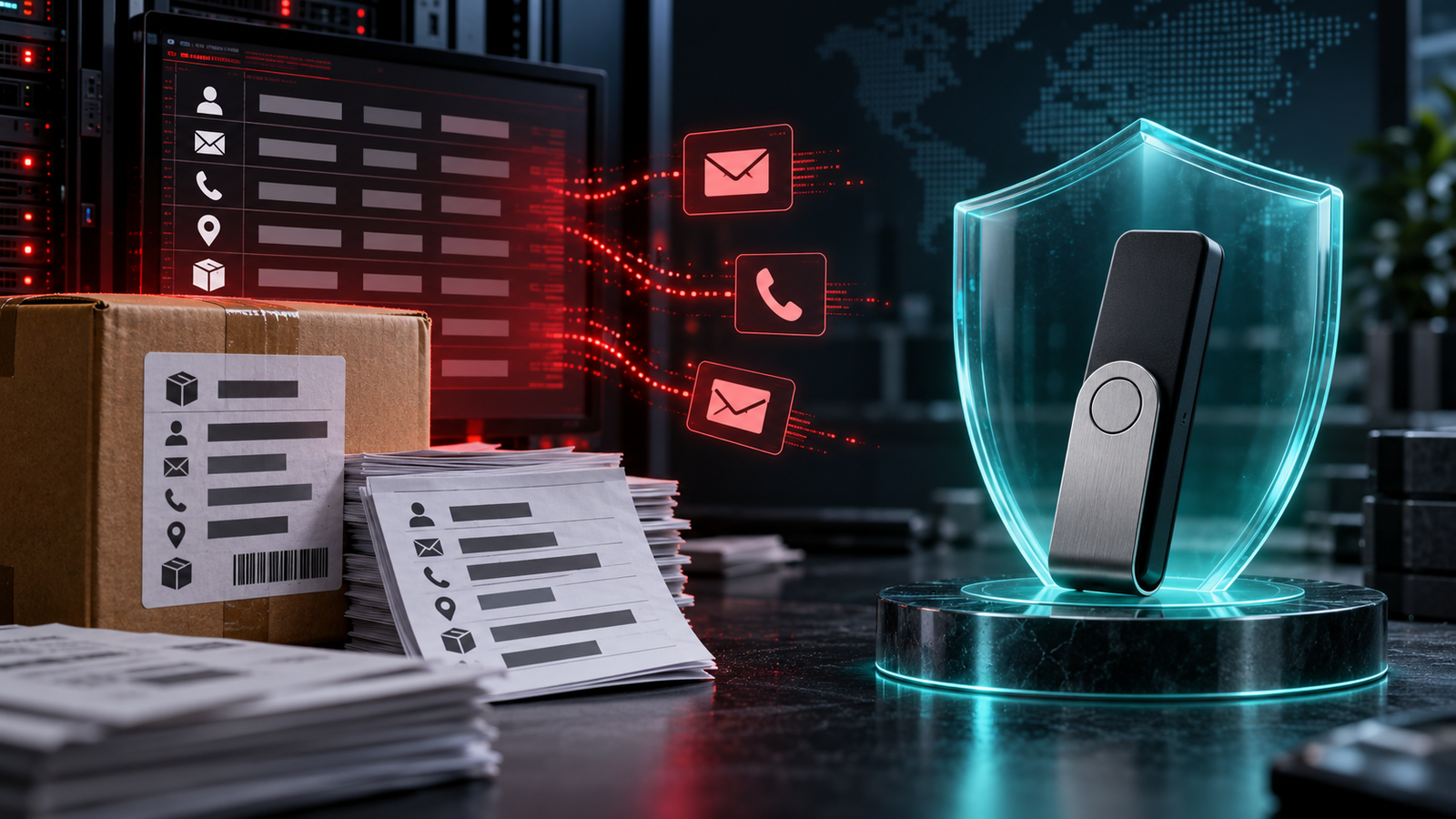 Hardware wallet beside a shipping package with redacted address labels and a digital security warning