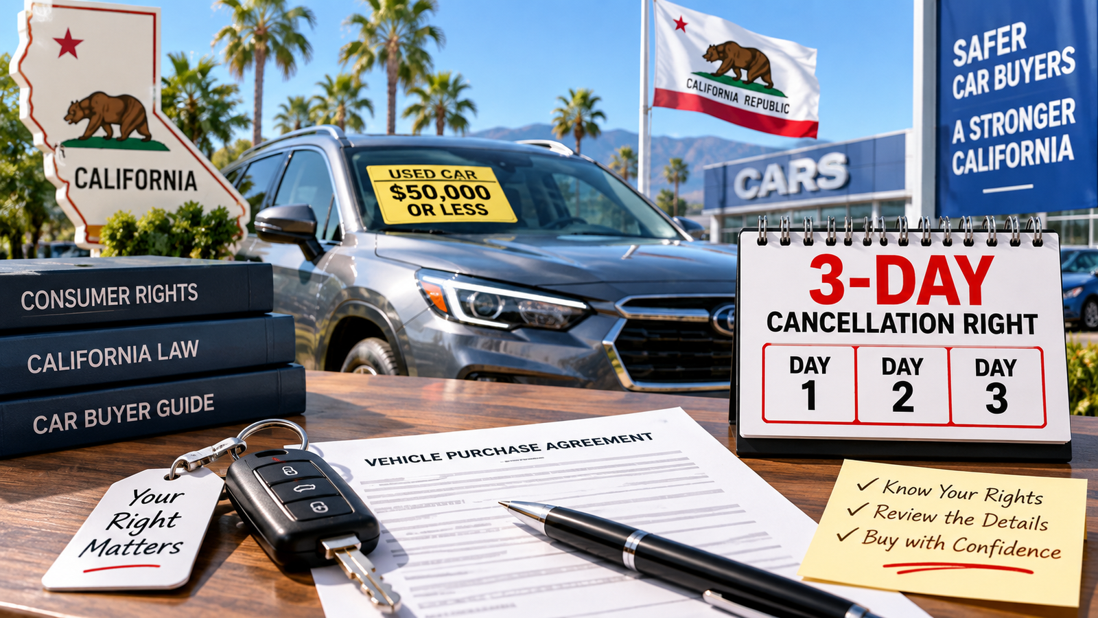 Used car, keys and three-day calendar beside dealership purchase paperwork