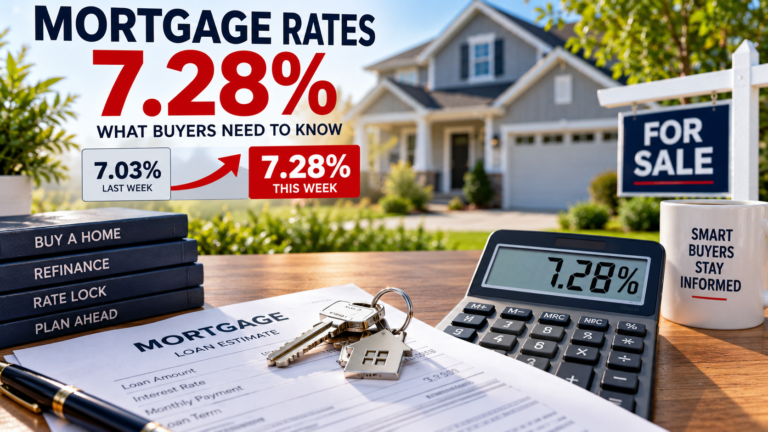 House keys, mortgage paperwork and calculator displaying a 7.28% mortgage rate
